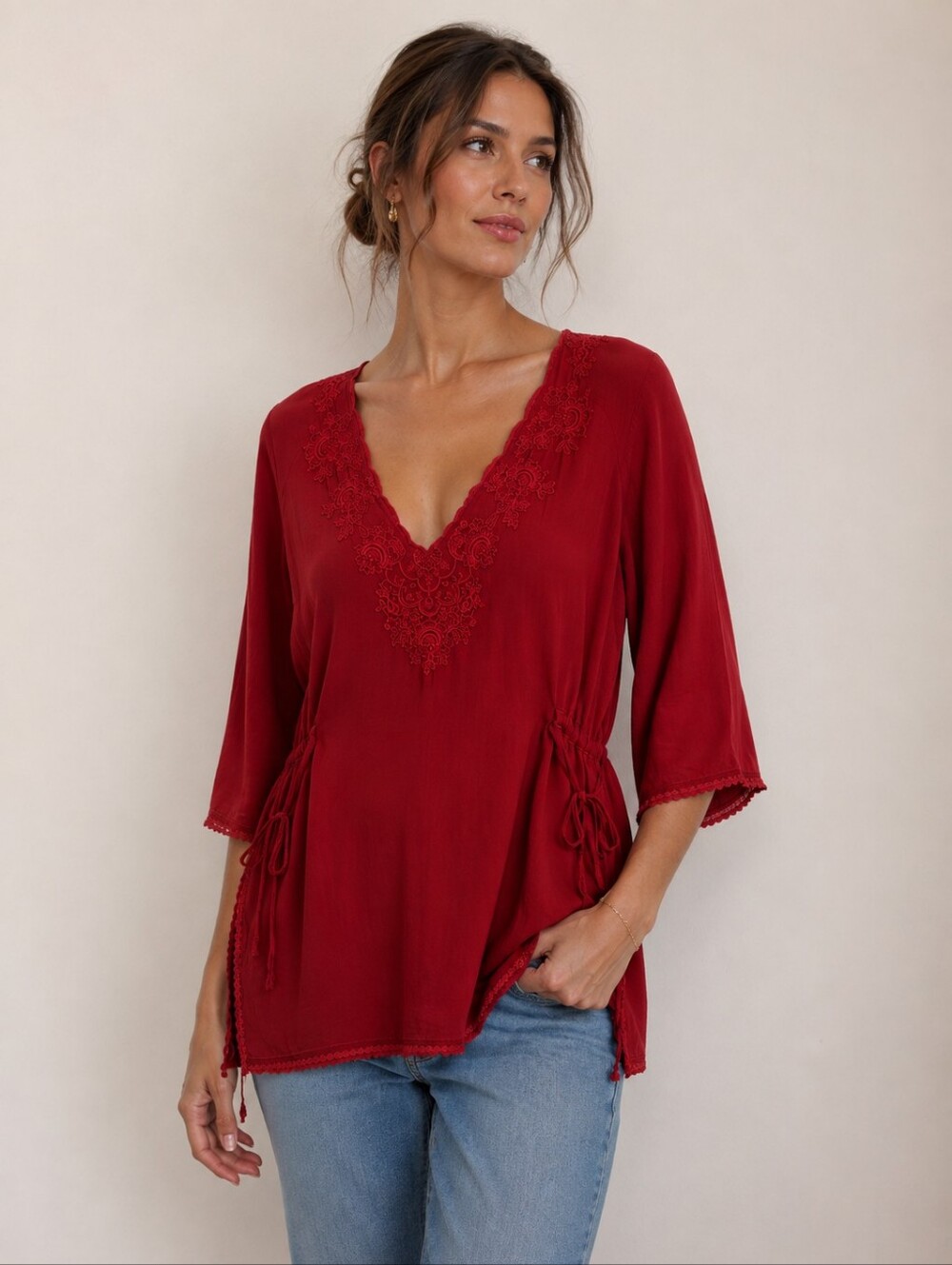 JOHNNY WAS red embroidered n-neck tunic - size xs